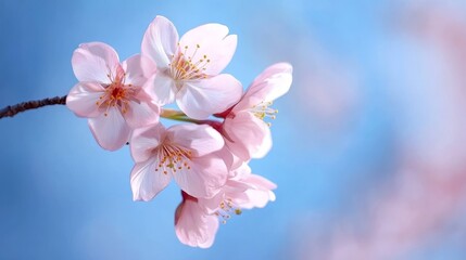 A close-up image of delicate pink cherry blossoms in full bloom against a soft blue sky. The flowers symbolize beauty, new beginnings, and the fleeting nature of life.