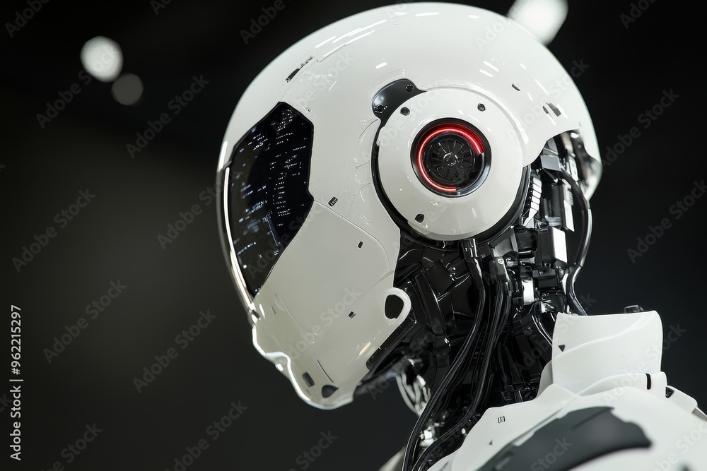 Poster a close-up of a futuristic cyborg head, highlighting the intricate mechanical details and advanced t