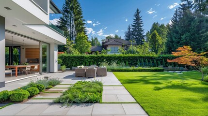 Fototapeta premium Modern House with Beautiful Landscaped Backyard