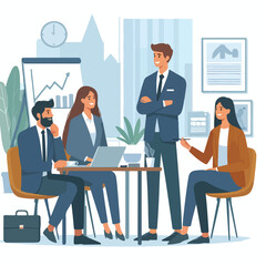 Partners meeting for business discussion with documents and laptop on desk. Couple at round table, speaking, discussing work, partnership. Flat vector illustration isolated on white background