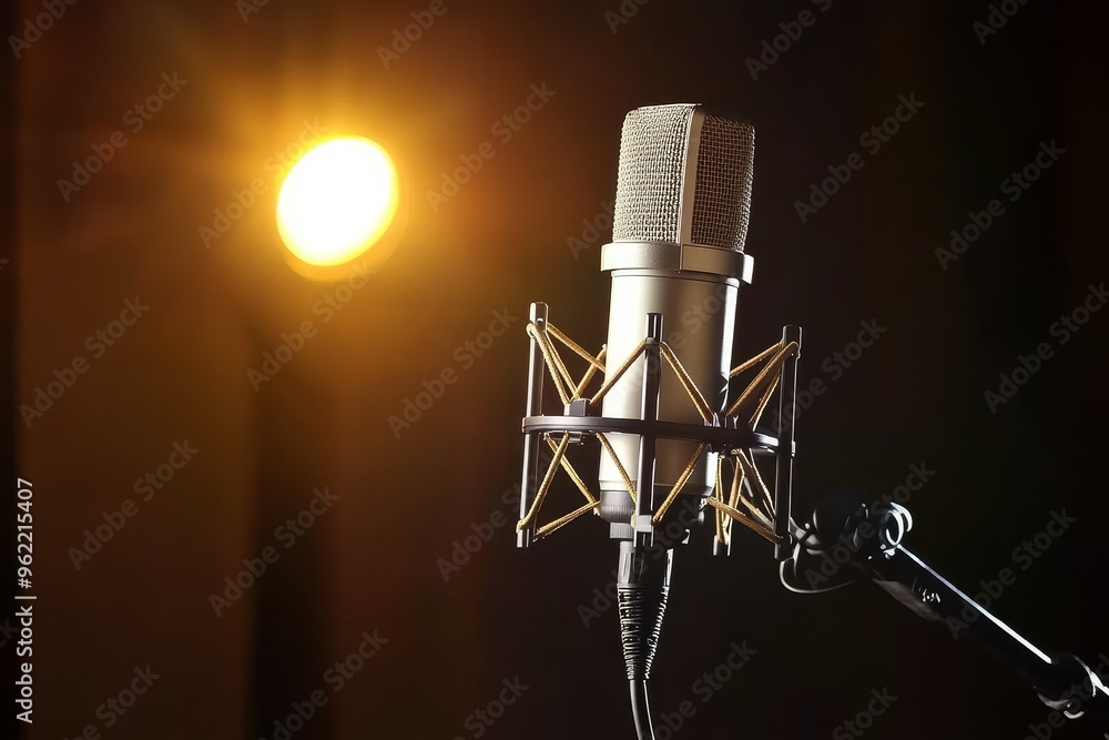 Aufkleber a close-up of a professional condenser microphone in a recording studio, illuminated by a warm, invi
