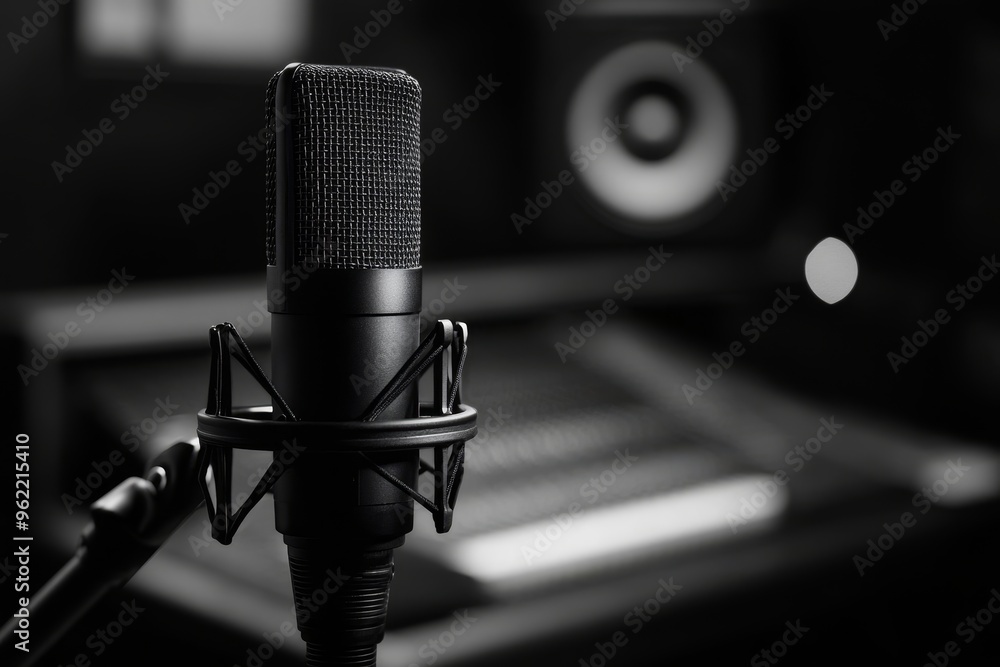 Aufkleber a close-up of a professional microphone in a recording studio. the microphone is positioned in front