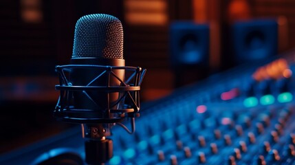 A close-up of a professional microphone and audio mixer in a recording studio, symbolizing creativity, communication, music production, sound engineering, and technological innovation.