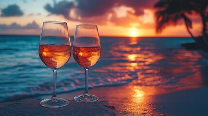 Romantic Sunset with Wine Glasses on Beach