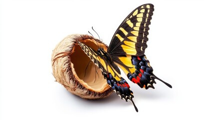 A vibrant yellow butterfly perched on an open shell, highlighting nature's beauty and delicate detail against a white background.