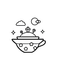 A whimsical black and white illustration of a teacup with a diamond-shaped hill and stars around it, in the sky there is a cloud and a planet.