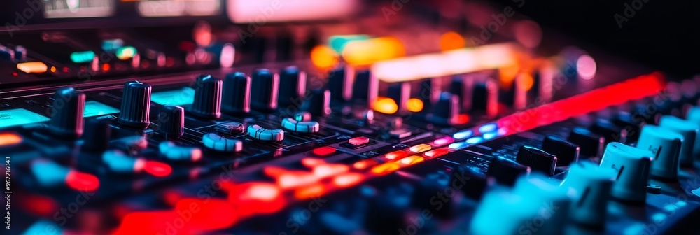 Poster a close-up shot of a professional audio mixing console with colorful lights illuminating the knobs a