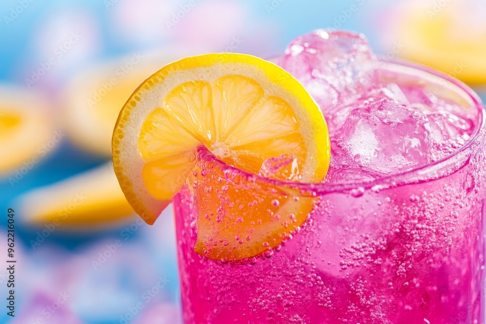 Aufkleber a close-up shot of a pink lemonade drink garnished with a lemon slice and ice. the vibrant colors an