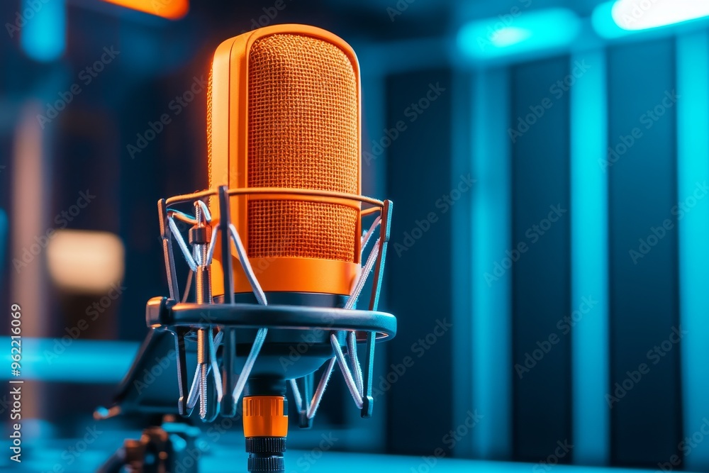 Poster a close-up shot of a professional microphone in a recording studio. the microphone is orange and has