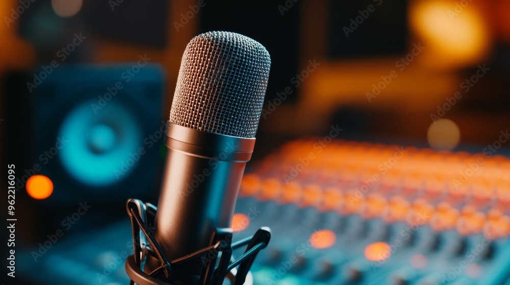 Aufkleber a close-up shot of a professional microphone in a recording studio. the microphone is positioned in 