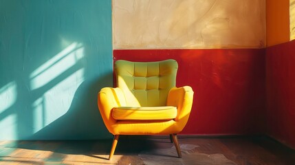 A yellow armchair sits in a corner of a room with colorful walls and natural light.
