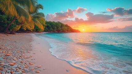 Tropical Beach Sunset with Palm Trees and Turquoise Water