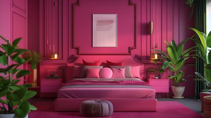 A bold and modern Viva Magenta bedroom interior featuring a double bed, striking magenta tones, and a poster mockup in a minimalist 3D render