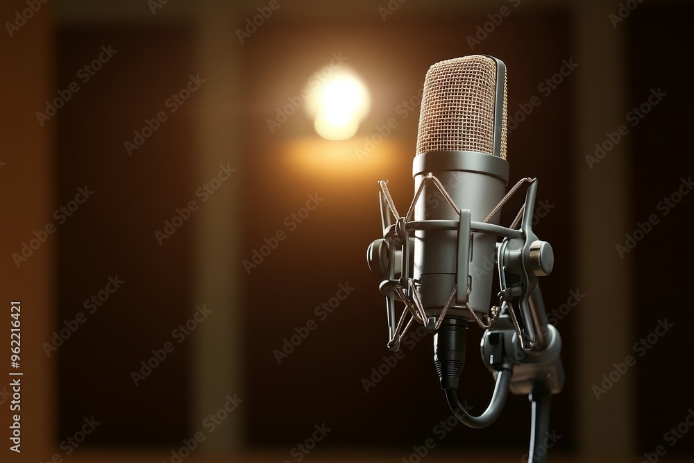 Poster a close-up shot of a professional microphone in a recording studio, illuminated by a warm glow. the 
