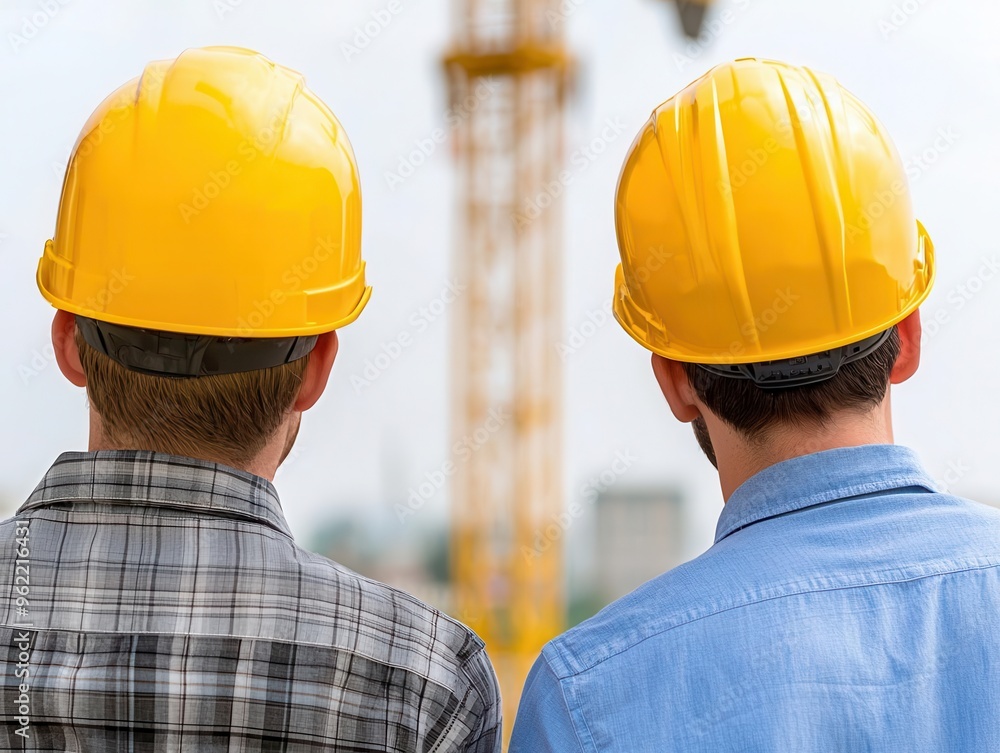 Aufkleber two engineers reviewing a real estate project layout on-site with cranes and scaffolding in the back
