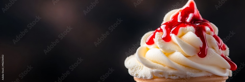 Poster a close-up shot of a vanilla soft serve ice cream sundae topped with a rich red sauce. the creamy te