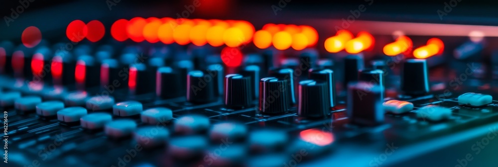 Poster a close-up shot of an audio mixing board with knobs and faders. this image symbolizes sound engineer