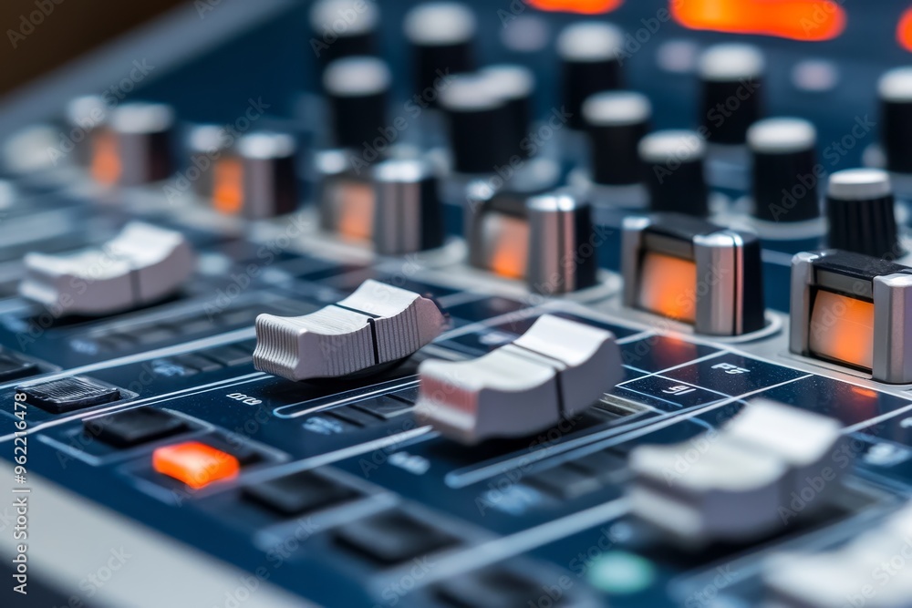 Poster a close-up shot of an audio mixing console, showcasing the intricate details of its knobs, faders, a