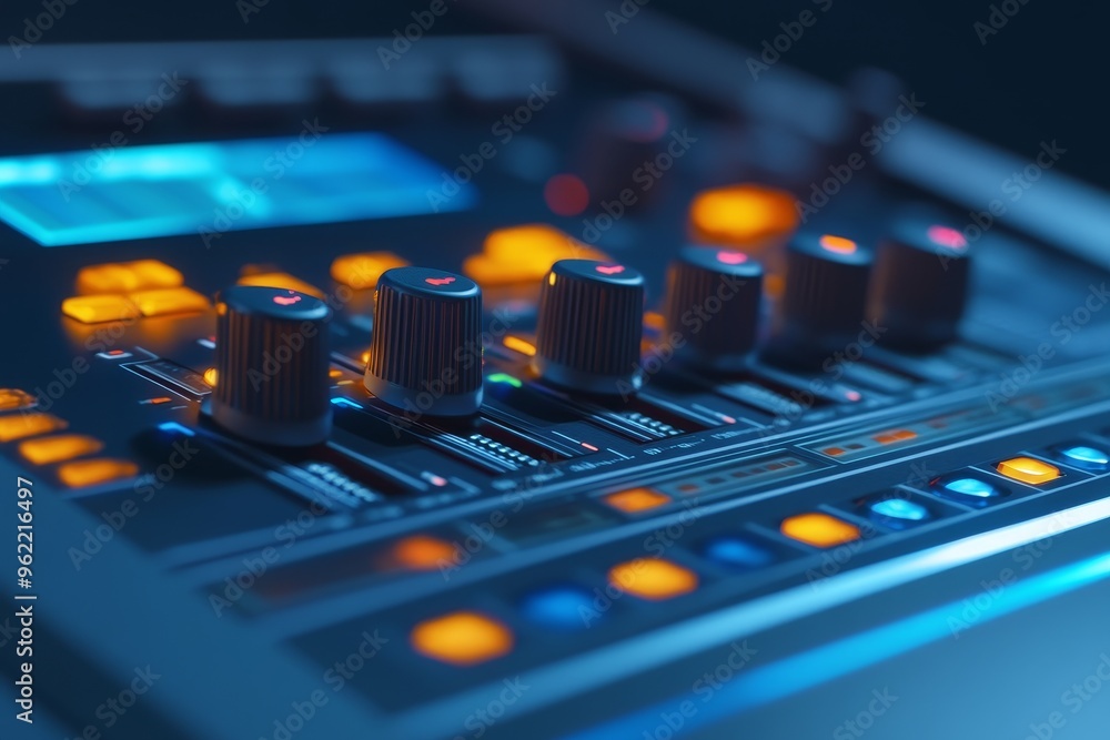 Poster a close-up shot of an audio mixing console, showcasing the intricate details of the knobs and faders
