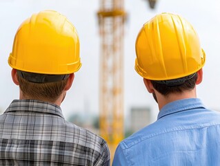 Two engineers reviewing a real estate project layout on-site with cranes and scaffolding in the background, engineers reviewing project, construction site layout