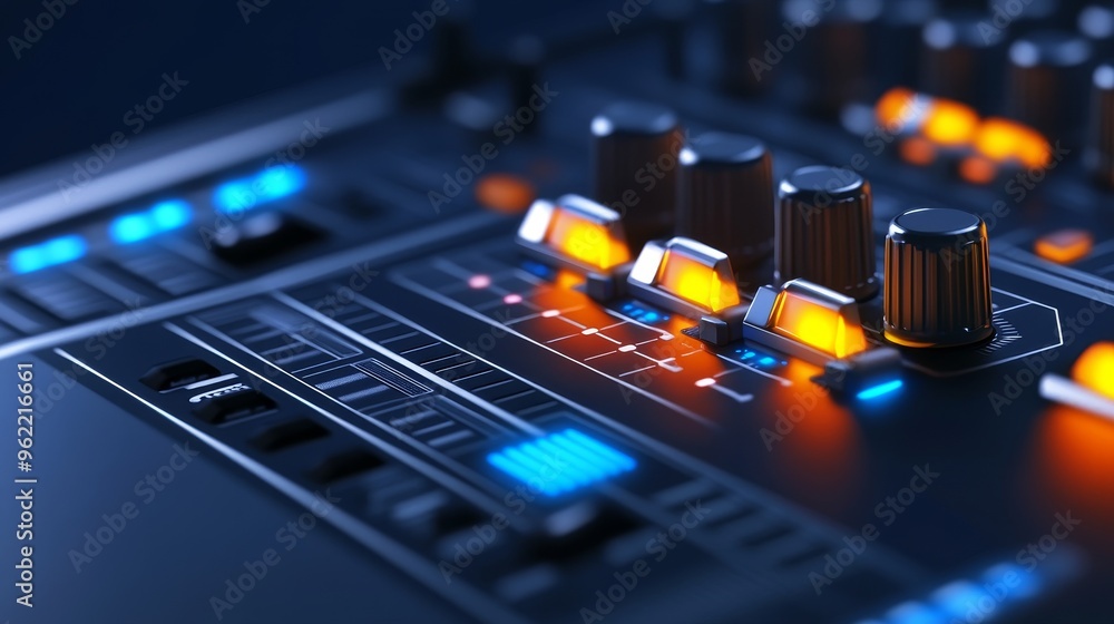 Poster a close-up view of a professional sound mixing board with illuminated buttons, showcasing the intric