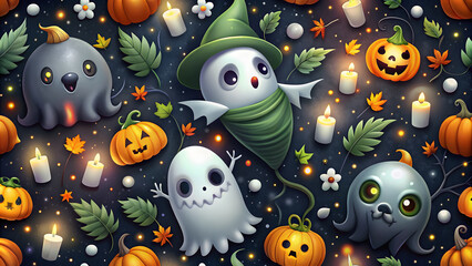 Naklejka premium Halloween ghost cartoon seamless pattern. Colorful cartoon ghosts in a seamless repeat pattern wallpaper. Black and white October holiday spirit ghosts&nbsp;doodle character background.