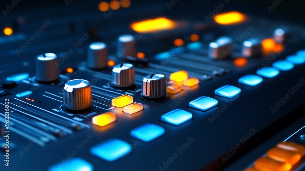 Poster a close-up view of a sound mixing board with illuminated buttons, showcasing the intricate details a