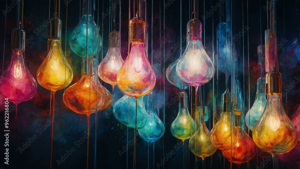 Poster pendulum lights create a colorful watercolor effect in a generative ai design.