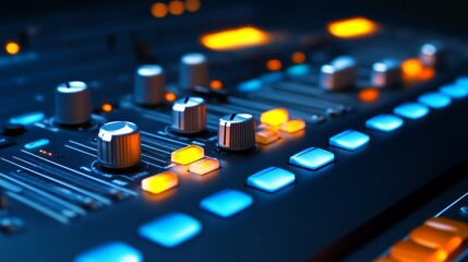 A close-up view of a sound mixing board with illuminated buttons, showcasing the intricate details and technological prowess of audio production. The glowing buttons represent the control and manipula