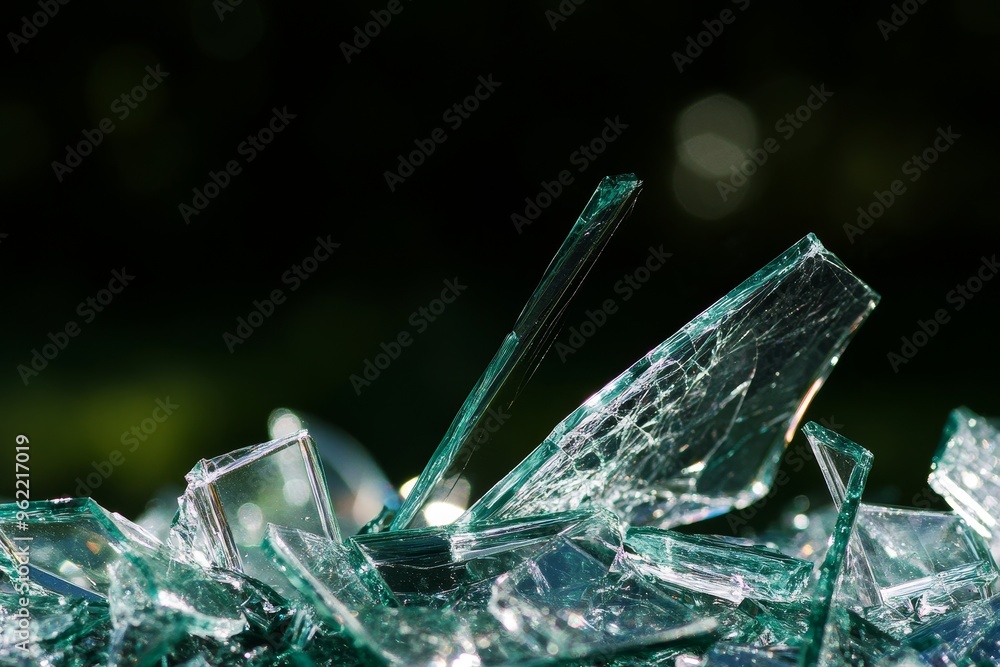 Poster a close-up view of shattered glass, revealing intricate cracks and patterns. the shards catch the li