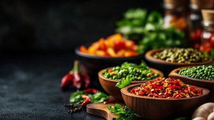 Fototapeta premium A collection of colorful spices in wooden bowls, showcasing the diverse flavors and aromas of culinary ingredients. The bowls are arranged on a dark surface, with a sprig of fresh herbs adding a touch