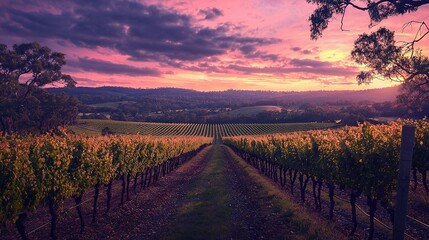 Naklejka premium The sun sets over a vineyard in the foreground as trees and flowers surround it, while hills are visible in the background
