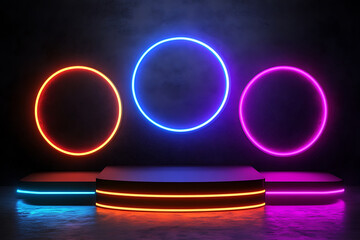 Obraz premium 3d render, abstract neon background, fashion podium in ultraviolet light, performance stage decoration, glowing triangle shapes, illuminated night club