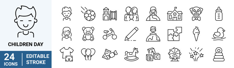 International children day web line icons. child care, kid rights, parenthood. Outline icon collection. Editable stroke. Vector illustration