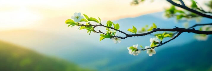 Fototapeta premium A delicate branch of white blossoms with green leaves extends into the frame against a backdrop of soft, hazy mountains and a warm, sunlit sky. It symbolizes new beginnings, growth, hope, and the beau