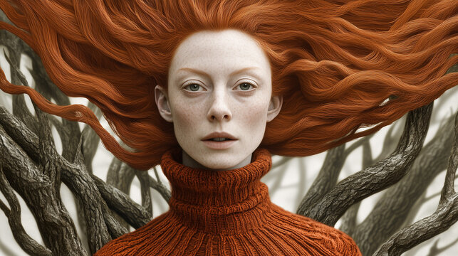 A woman with red hair flowing in different directions stands against a background of trees. She is wearing a high-collared sweater, her gaze calm and direct