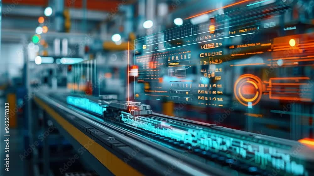 Poster state of the art conveyor belt system is moving through a factory setting, showcasing its advanced a