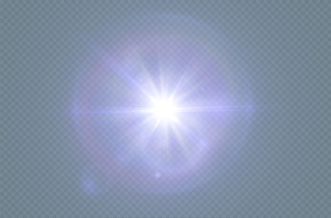 Purple glowing light explodes on transparent background. Bright star. Transparent shining sun, bright flash. Vector graphics.