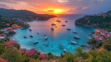 Stunning Sunset Over Tropical Bay with Boats and Lush Green Hills