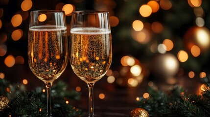 Two Glasses of Champagne with Christmas Lights and Decorations