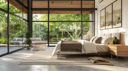 Fototapeta premium Cozy bedroom with minimalist decor and large windows