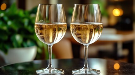 Two Glasses of Sparkling Wine on a Table