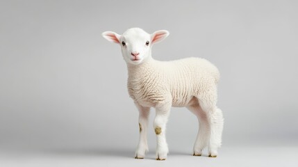 Obraz premium A fluffy white baby lamb stands on all fours, looking directly at the camera with innocence and curiosity. Its soft fur, delicate features, and gentle gaze evoke a sense of purity and peacefulness, ma