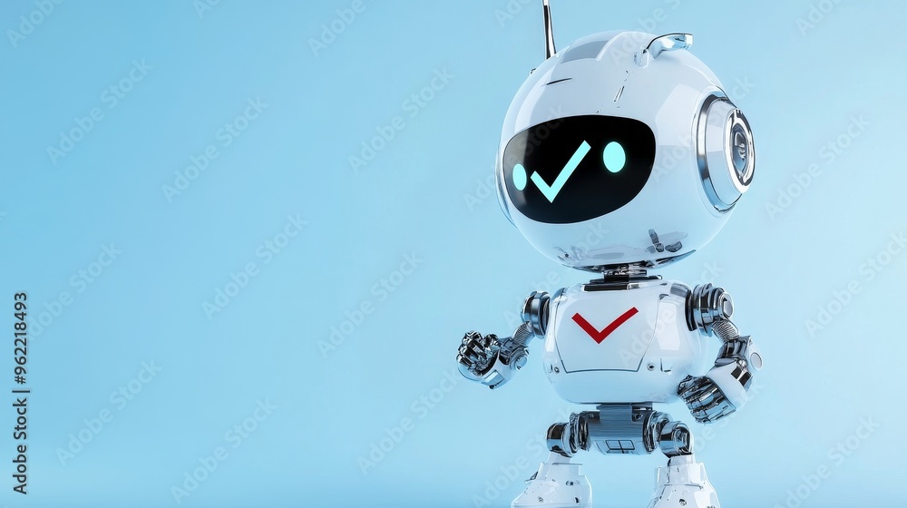 Poster a friendly, white 3d robot with a large check mark on its chest, symbolizing approval, success, and 