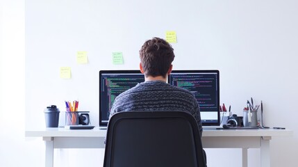 A focused web developer sits at a sleek desk, diligently working on a coding project. The white wall features colorful sticky notes, symbolizing creativity and problem-solving. The developer's posture