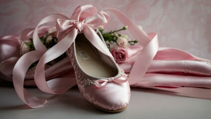 Pink ballet shoes with satin ribbons, representing elegance and the art of dance.