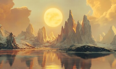 A large, glowing orb hangs above a mountain range and a still lake