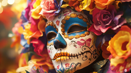 Colorful Day of the Dead mask adorned with vibrant flowers and intricate face paint, capturing the essence of Mexican cultural traditions.