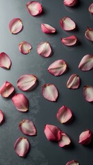 Pink rose petals on a grey glass surface, creating a minimalist aesthetic with copy space.