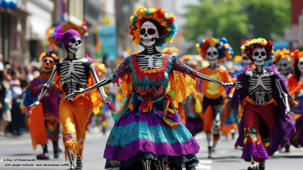 Colorful Day of the Dead parade with participants in vibrant skeleton costumes and flower crowns.